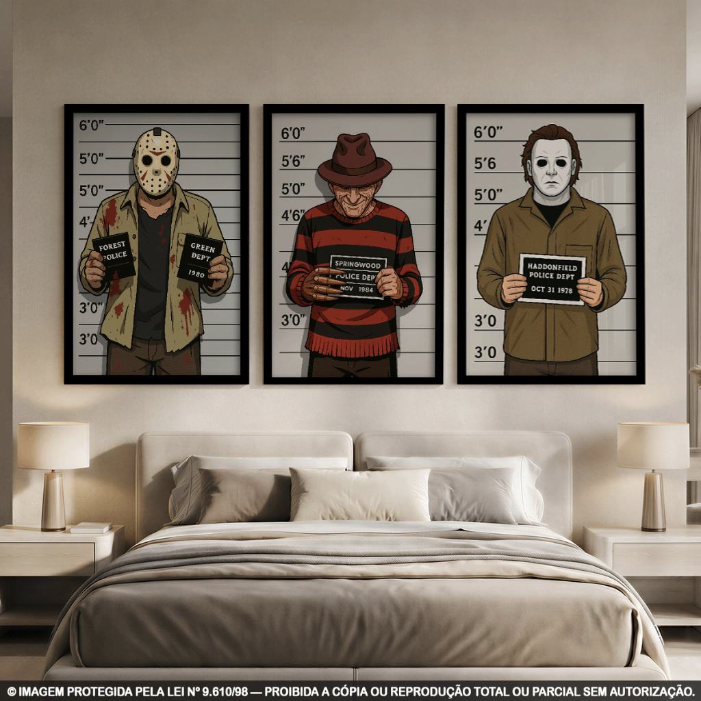 Kit 3 Quadros Decorativos Vilões Famosos | Sala Quarto Nerd Geek Pop Art Cinema Terror