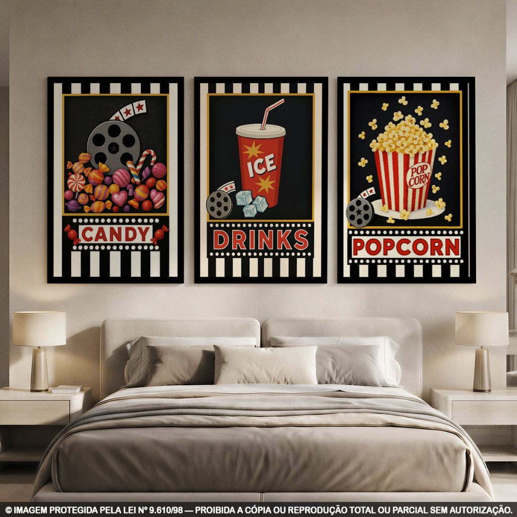 Kit 3 Quadros Decorativos Cinema Pipoca, Refrigerante e Doces | Tema Filme Retrô | Decoração Sala de Cinema em MDF 3mm