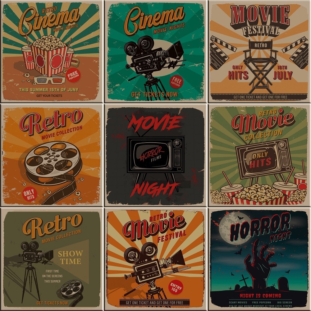 Azulejos Filmes Cinema Retrô Cult Séries Vintage Kit 9 Pçs 20x20cm.
