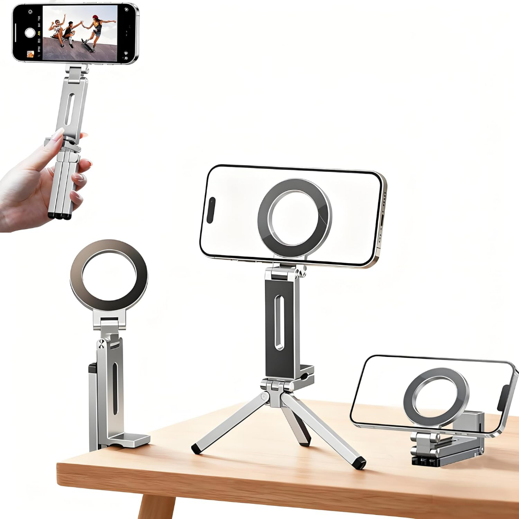 Tripé Magnético com Clipe Mágico Ajustável em 360° e Suporte Magnético Dobrável para Celular