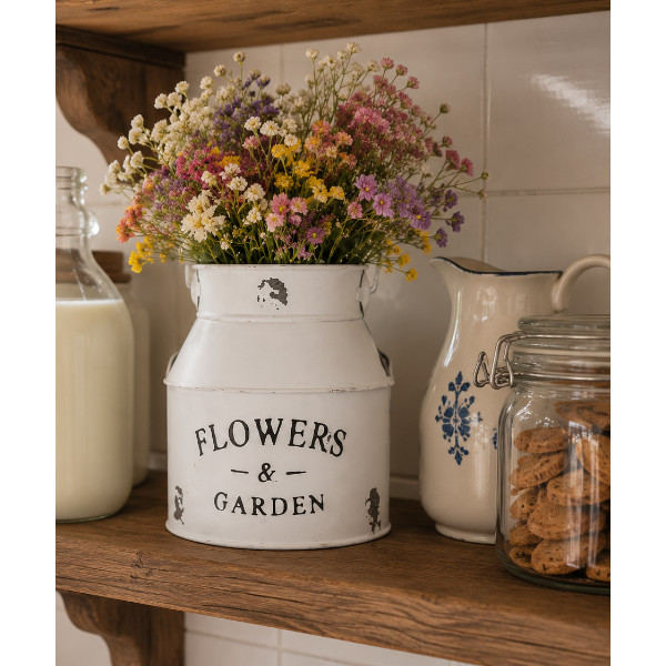 Vaso Leiteira Flowers Garden Metal c/Alça Farm House-14,5 cm