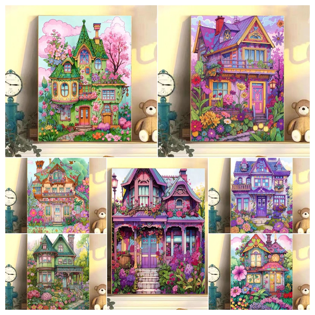 PM Castle Flower House 5D Pintura Diamante Ponto Cruz Conjunto Completo De Diamantes Acrílico Redondo Para Decoração De