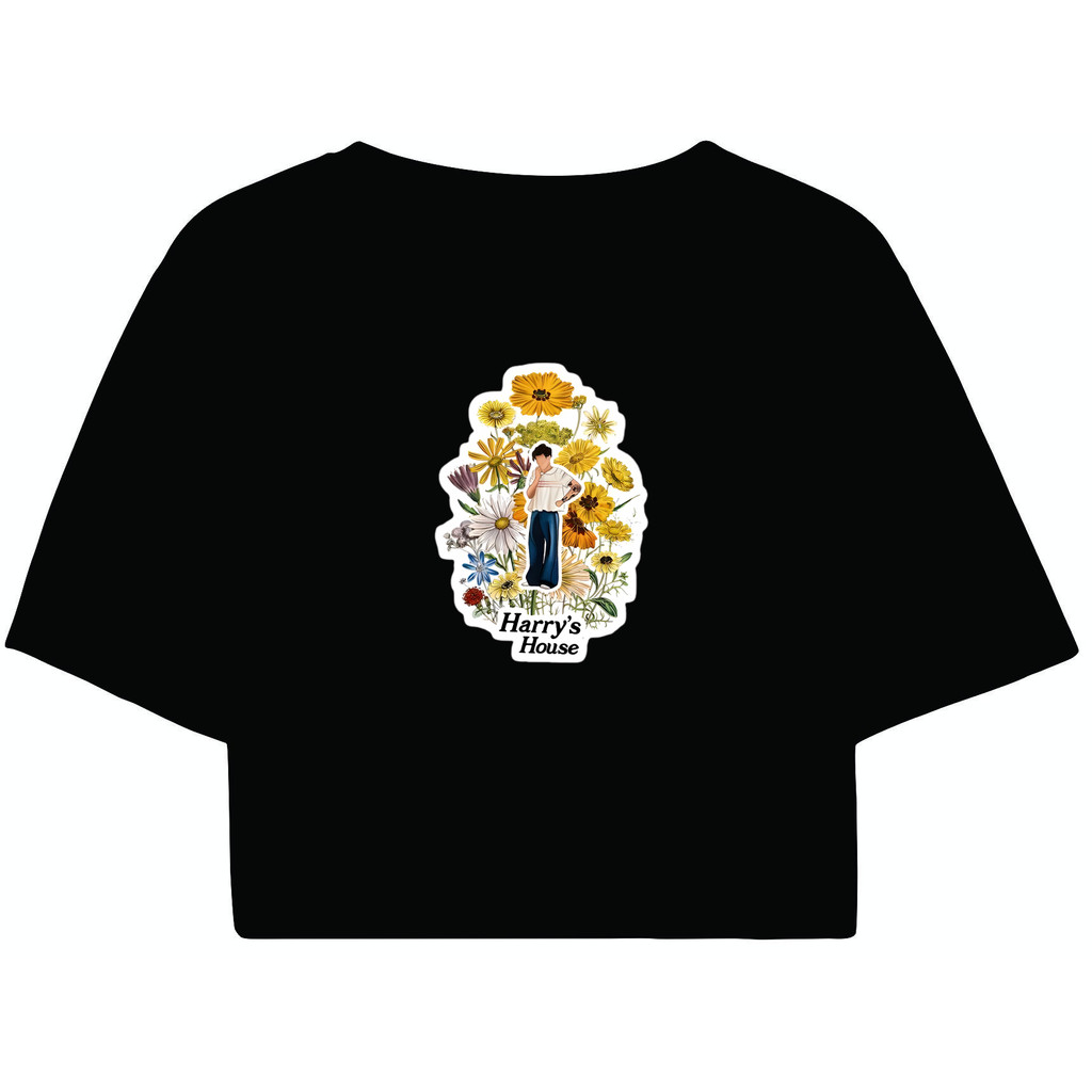 Cropped Feminino Preto Tumblr blogueira Harry Styles Flowers House feminina manga curta