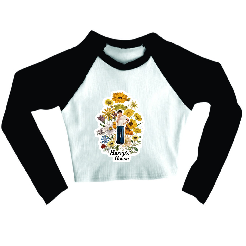 Cropped Raglan inverno Feminino Tumblr blogueira Harry Styles Flowers House feminina manga longa