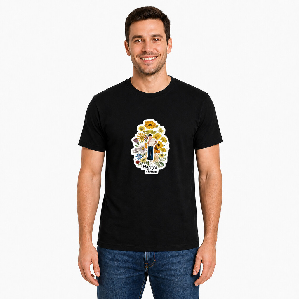 Camiseta camisa estampa Harry Styles Flowers House basica unissex manga curta