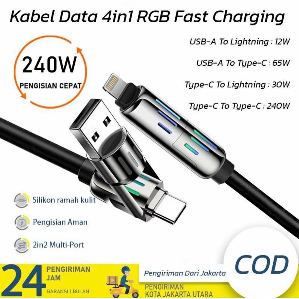 Cabo USB Type-C 4 em 1 240W, para Carregamento Eficiente,Compatível com iPhone 16 Pro Max/15, iPad, Xiaomi, Samsung