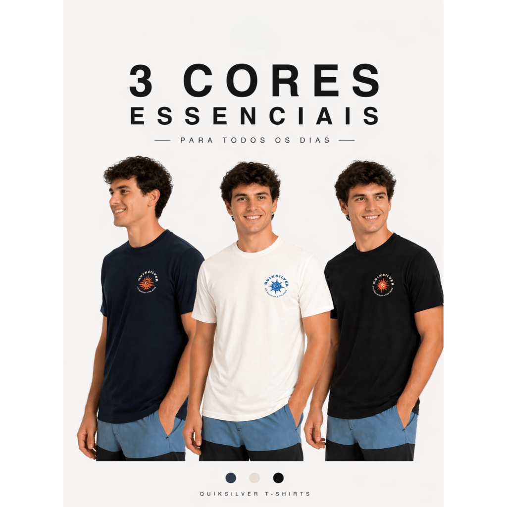 Kit 3 Peças Camisetas Masculinas QSilver em Algodão Estampa High Solar Power Surf Casual