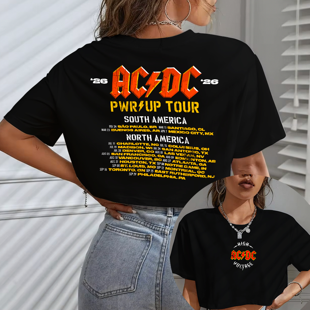 Blusa Cropped Oversized Feminino ACDC Power Up World Tour Show 2026 Brasil Fevereiro PWR UP Turnê Mundial High Voltage