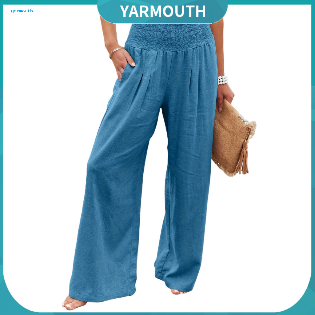 Stretch Waist Loose Pants Women Cotton Linen Women’s High Wide Leg with Pockets Pleated Elastic Fit Trousers for Sprin