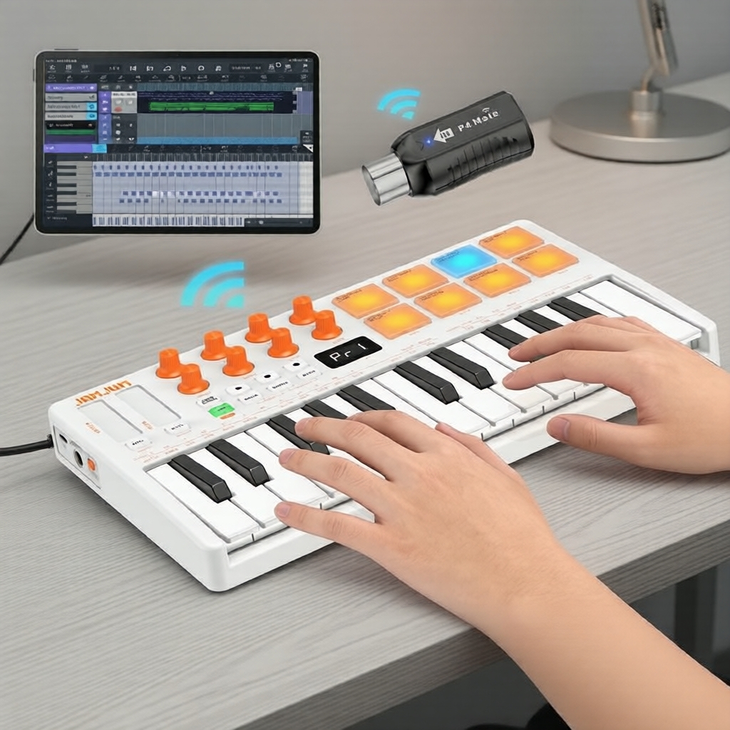 Teclado Controlador MIDI Wireless 25 Teclas JAMJUM JK 25 – Ferramenta de Estúdio com 8 Pads de Bateria RGB