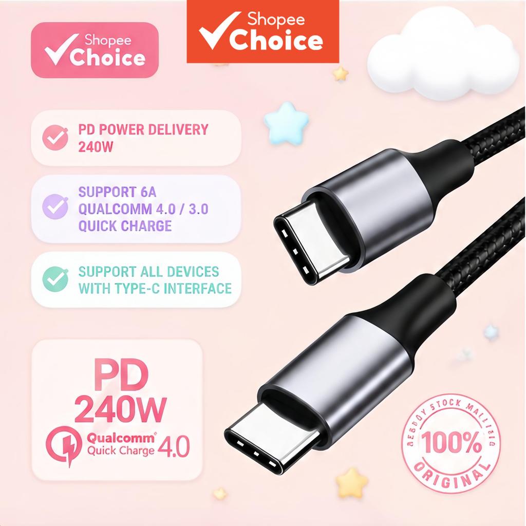 Cabo USB-C trançado de 240 W 6A carregamento ultrarrápido para iPhone, Xiaomi, Huawei e Samsung