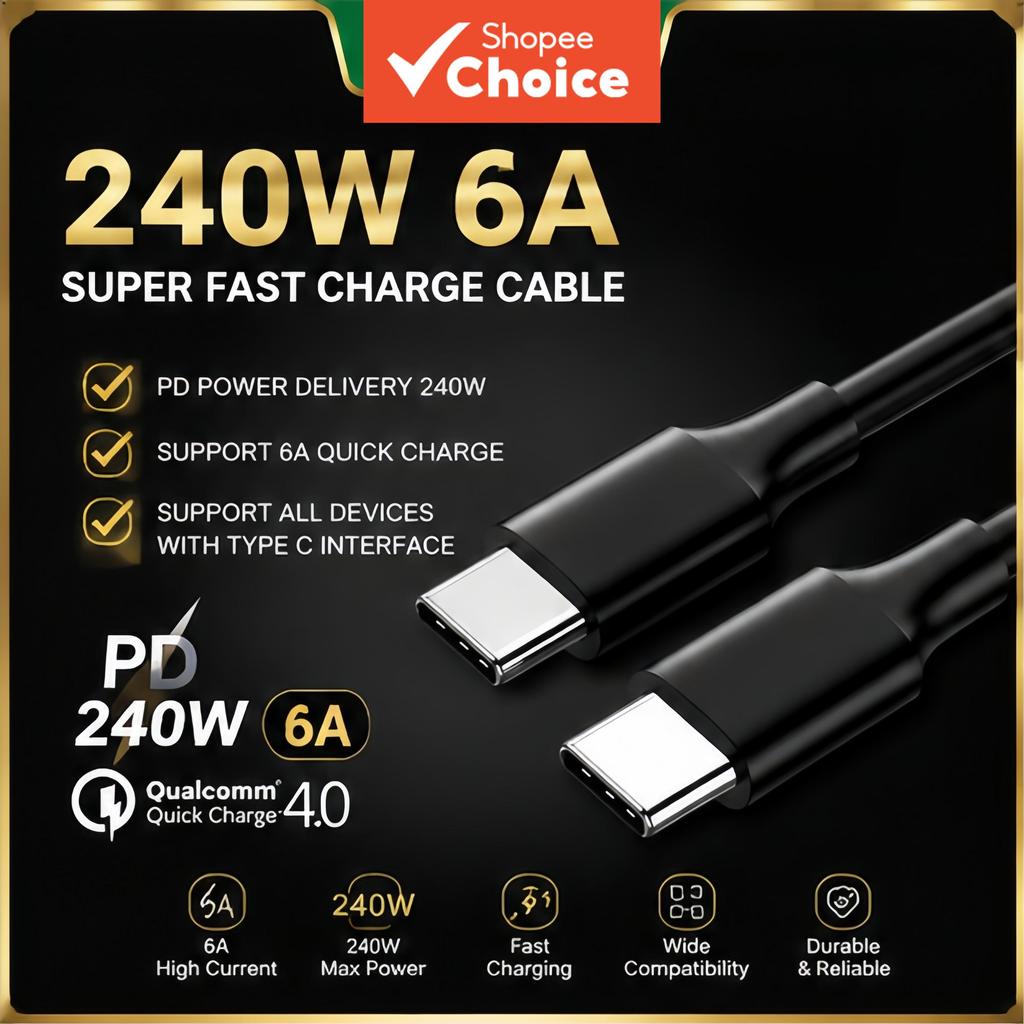 Cabo de carregamento rápido USB Type C para C 240 W 6 A durável, qualidade premium para Samsung, iPhone, Xiaomi, Huawei