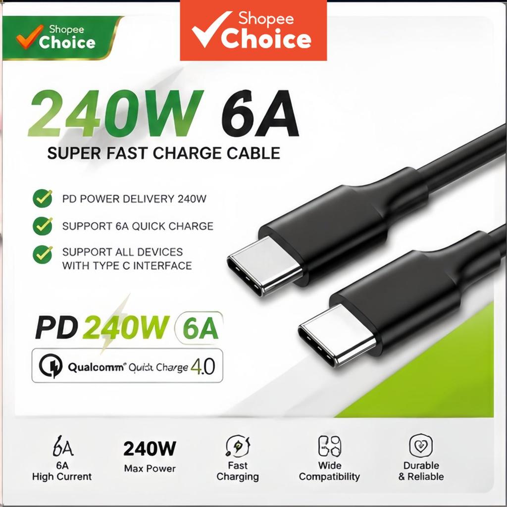 Cabo Super Resistente 240W 6A USB C para Tipo C, Carregamento Rápido para Samsung, iPhone, Xiaomi, Huawei