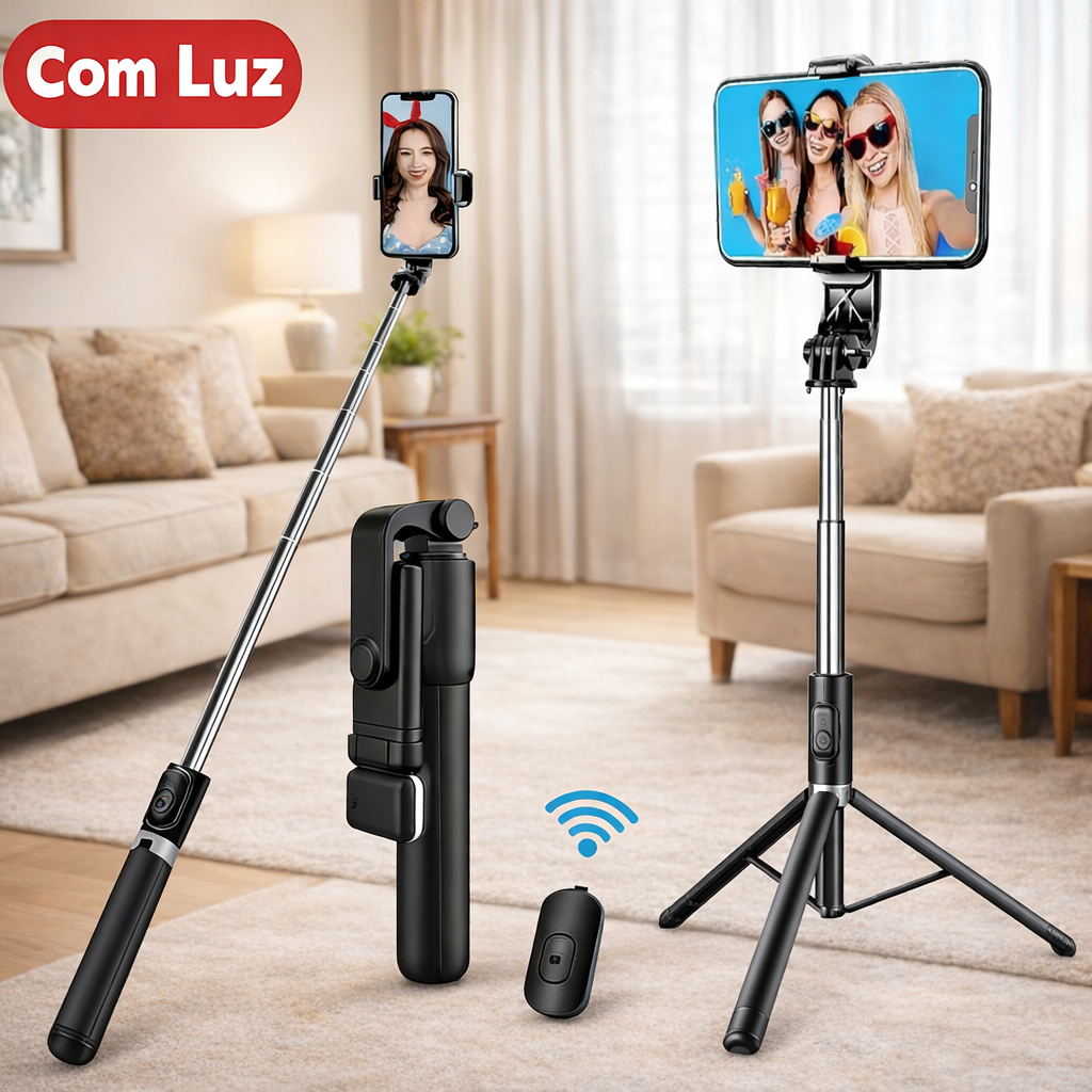 Tripé Bastão de Selfie Bluetooth 3 em 1 Celular Profissional 170cm Reforçado 360°