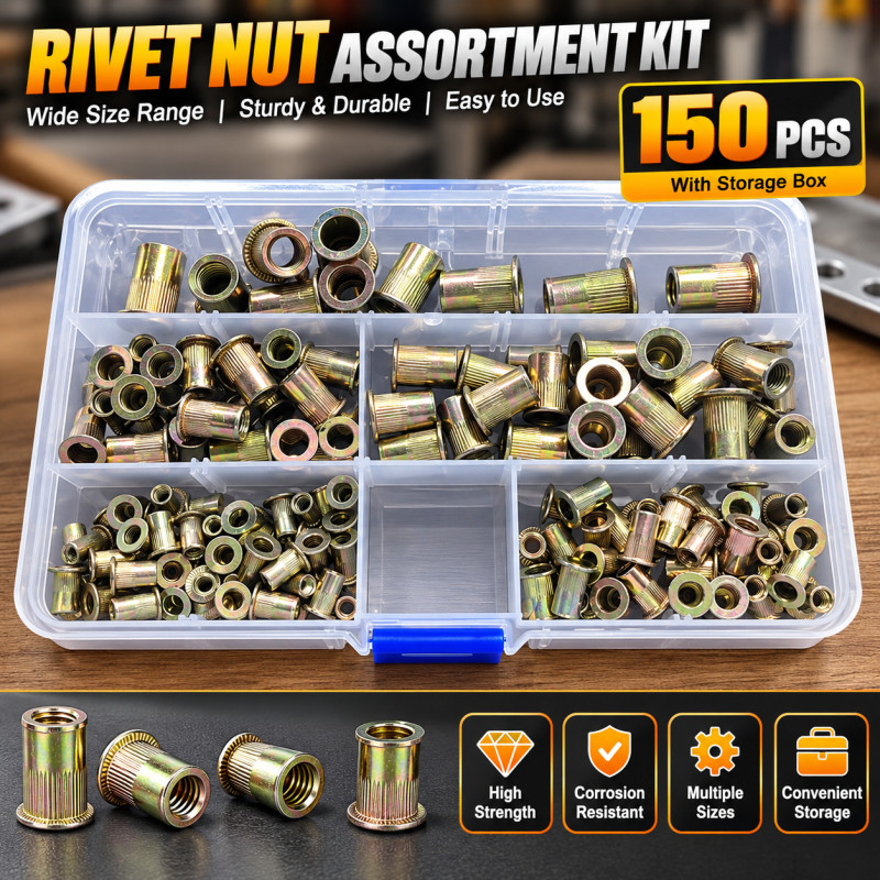 Cabeça plana Knurled Rivet Nut Set Aço carbono Color Zinco M3 - M8 Threaded Insert Kit