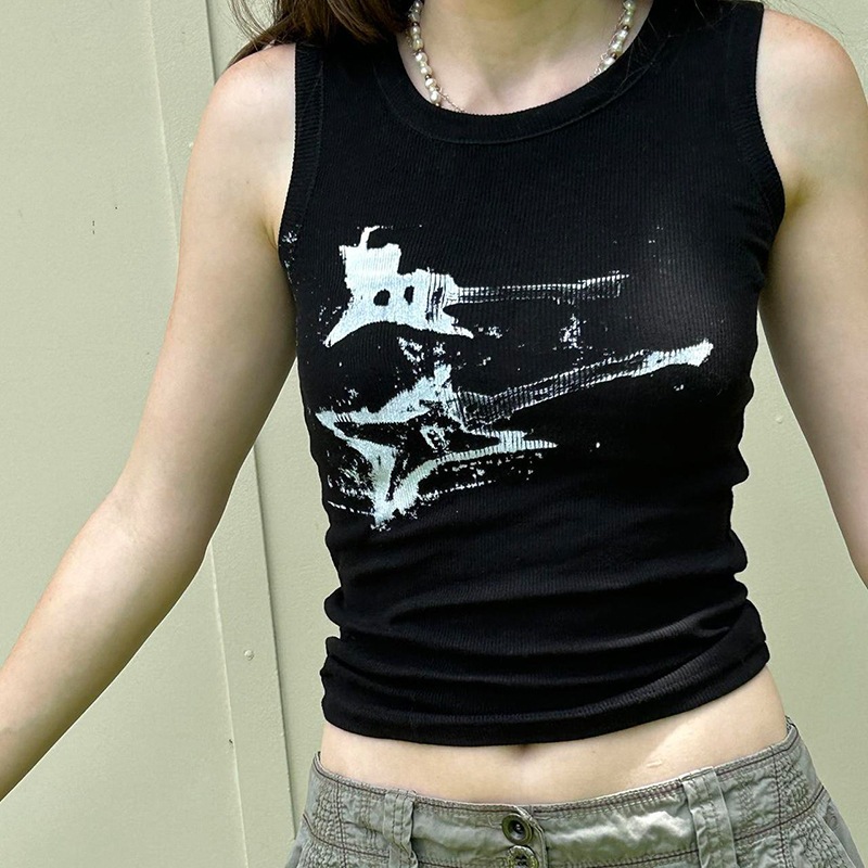 Y2K Colete Sem Mangas Impresso Harajuku Fashion Threaded Crop Top Feminino