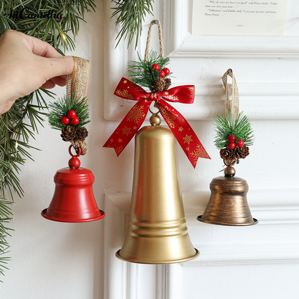 Christmas Bell Decoration Festive Home Accents Rustic Metal Ornaments with Pine Needles Berries for Tree Wreath Door Win