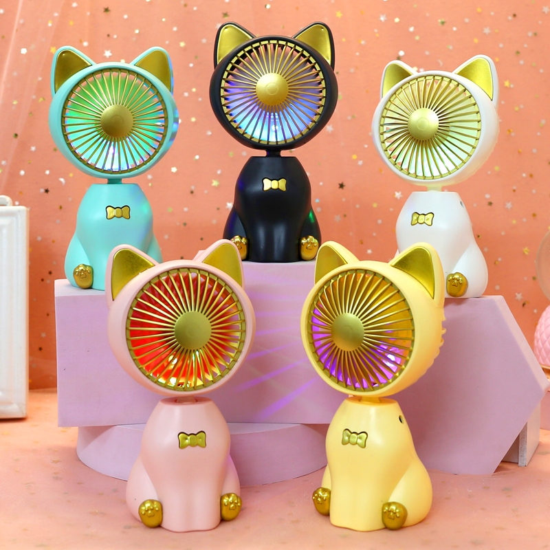 Ventilador USB portátil com mini ventilador de gatinho de luz recarregável, luz colorida dos desenhos animados