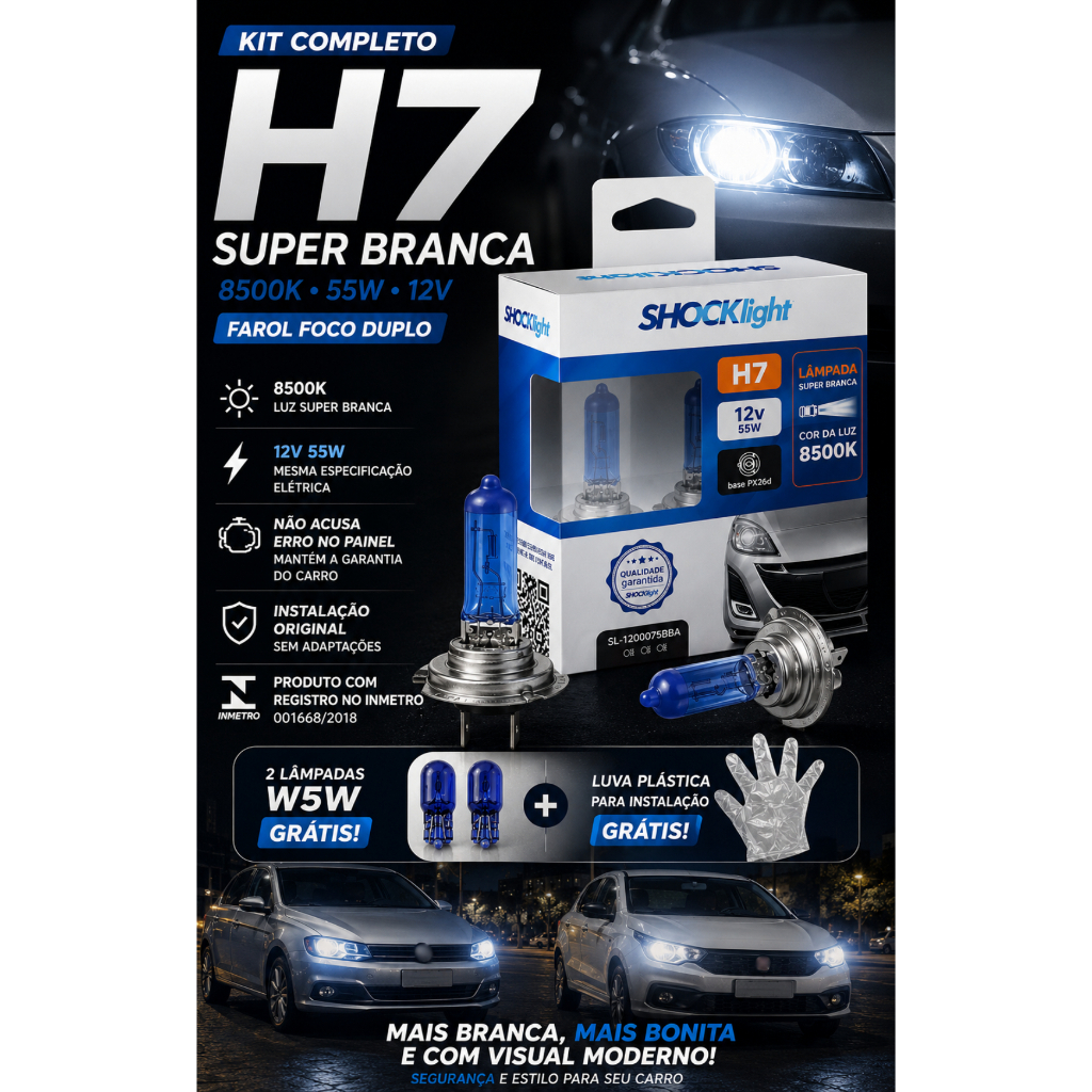 Par Lâmpadas H7 Super Brancas 8500K 55W 12V Farol + 2 W5W Grátis + Luva