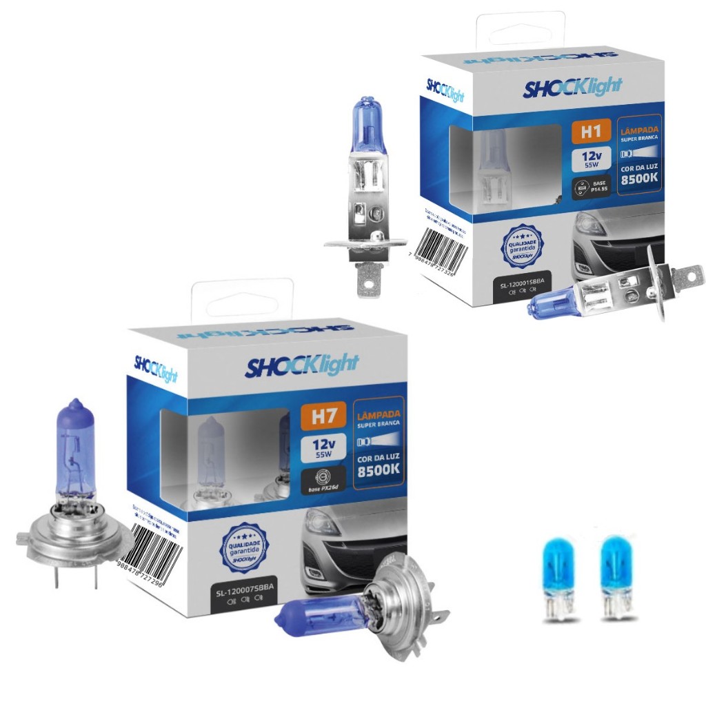 kit 6 Lâmpadas Super Brancas H7 e H1 8500k para Farol foco duplo Baixo e Alto + w5w Pingo lanterna