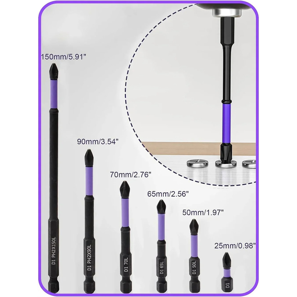 Chave De Fenda Magnética 6 Conjunto De Bits Unidades PH2 Phillips 25-150mm Antiderrapante À Prova De Choque Liga De Aço