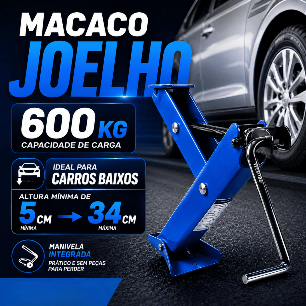 Macaco Mecânico Joelho 600kg Tech One Universal para Carro Baixo Elevação 5 a 34cm Manivela Fixa