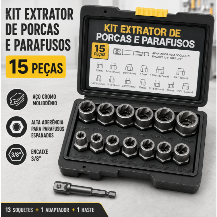 Conjunto Extrator De Parafuso De 15 Peças , Soquete Removedor De Porca Danificado Com Adaptador Sextavado De 3/8 De Pole