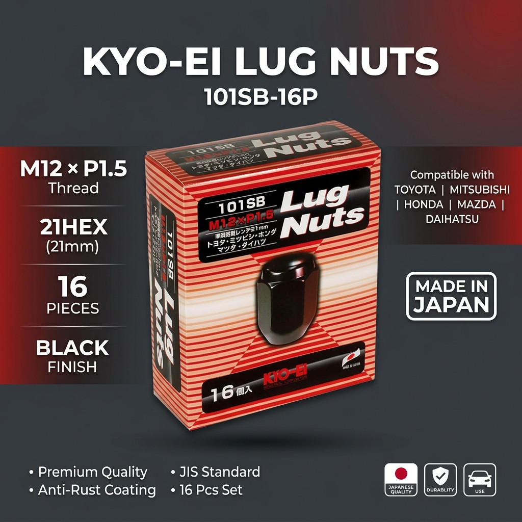 KYO-EI Automotive Wheel Nuts (Bag Nuts) - M12 Thread, P1.5 Pitch, 21HEX, 16 Pack, Black 101SB-16P