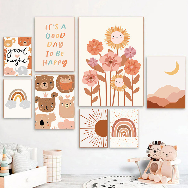 Boho Nuvem De Arco-Íris Lua Sol Nursery Parede Arte Tela Pintura Pôsteres Nórdicos E Impressões Fotos Baby Kids Room Decor