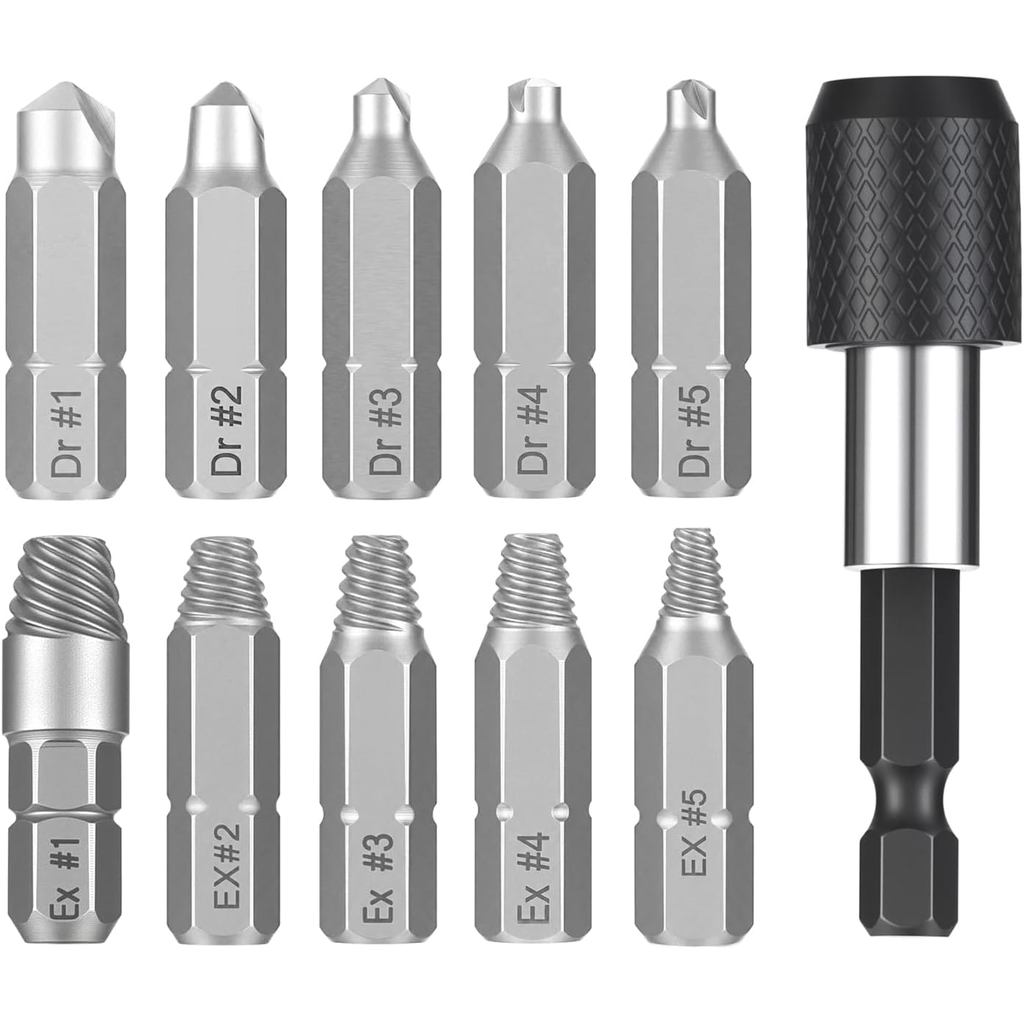 11 PCS Screw Extractor Set with Self-Locking Extension Rod | Fix Stripped & Damaged Screws Fast | All-in-One Tool Kit fo