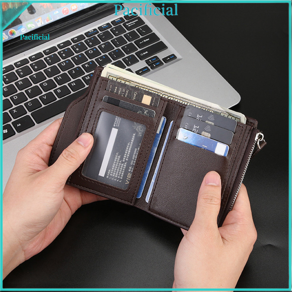 Men Wallet Stylish Men's Slim Tri-fold Card with Id Window Zipper Coin Pocket Large Capacity Cash Holder – Perfect Gif