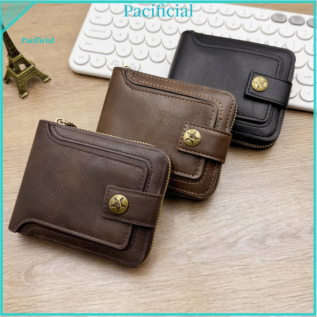 Men Wallet Secure Men's Vintage Faux Leather Large Capacity with Id Window Zipper Button Closure Anti-theft Front Pocket