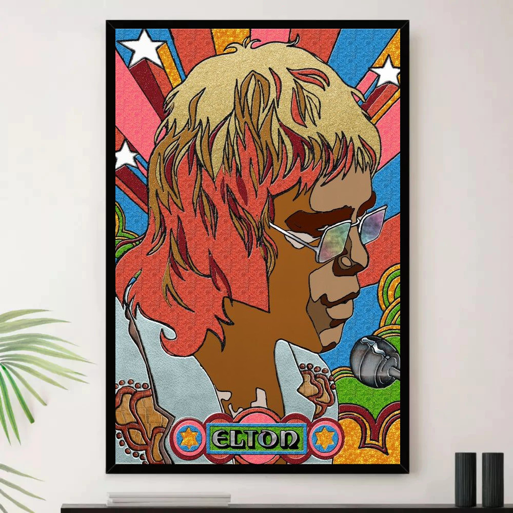 Quadro Placa Decorativa Música Internacional Elton John Pop e Dance Pop Álbuns com Moldura
