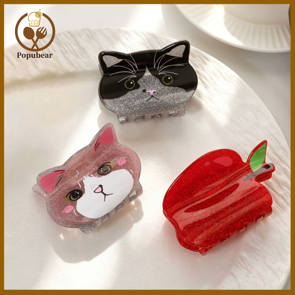 Cartoon Hair Clip Women’s Anti-slip Claw Strong Grip 3d Cat Fruit Design Pearlescent Glitter Lightweight Accessory for