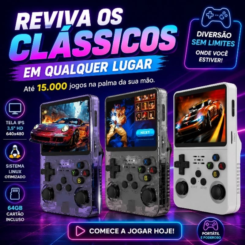 Mini Video Game Portátil R36S 64GB 15000 Jogos Console Retrô Tela IPS Linux RK3326 Cores Sortidas