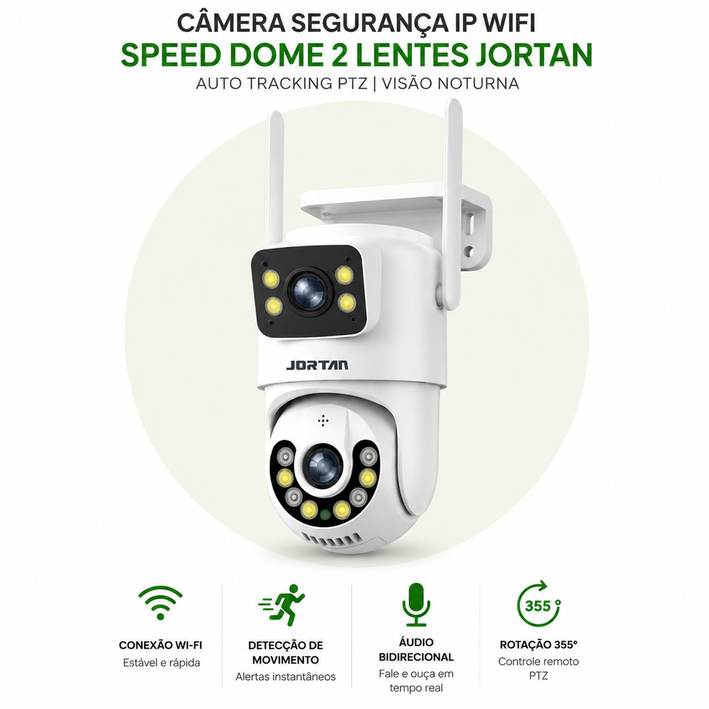 Câmera Segurança IP WiFi Speed Dome 2 Lentes Jortan Auto Tracking PTZ Visão Noturna