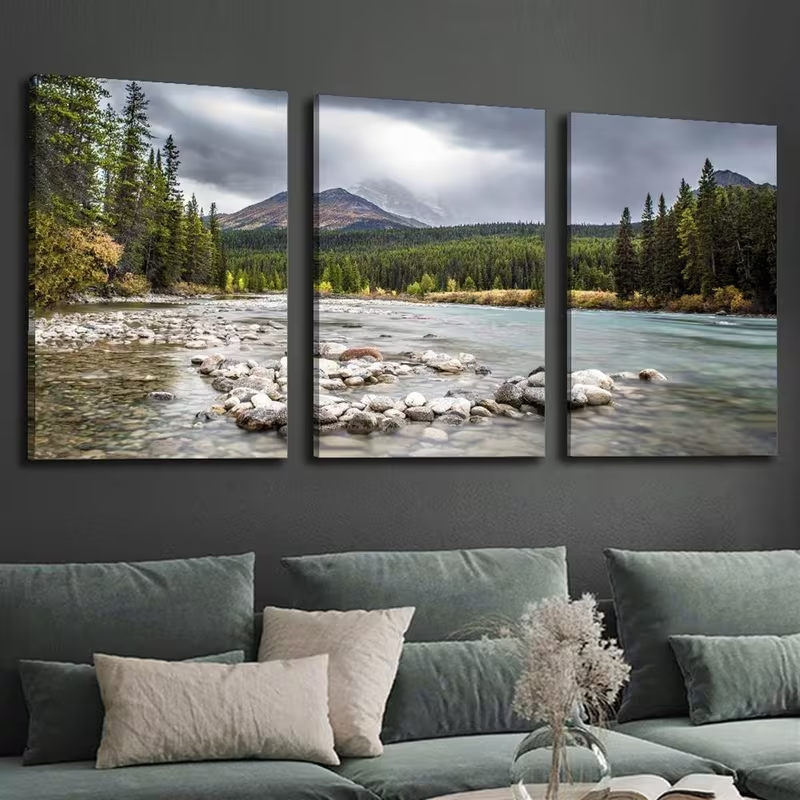 Kit 3 Quadros Paisagem Rio e Montanhas Natureza Águas Cristalinas e Pedras Paisagem Natural