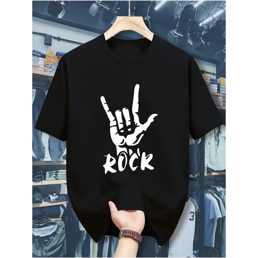 Camiseta Oversized T-shirt Rock On Hand Gesture Symbol Rock Print Music Festival Confortável Divertida Estilosa Verão Co
