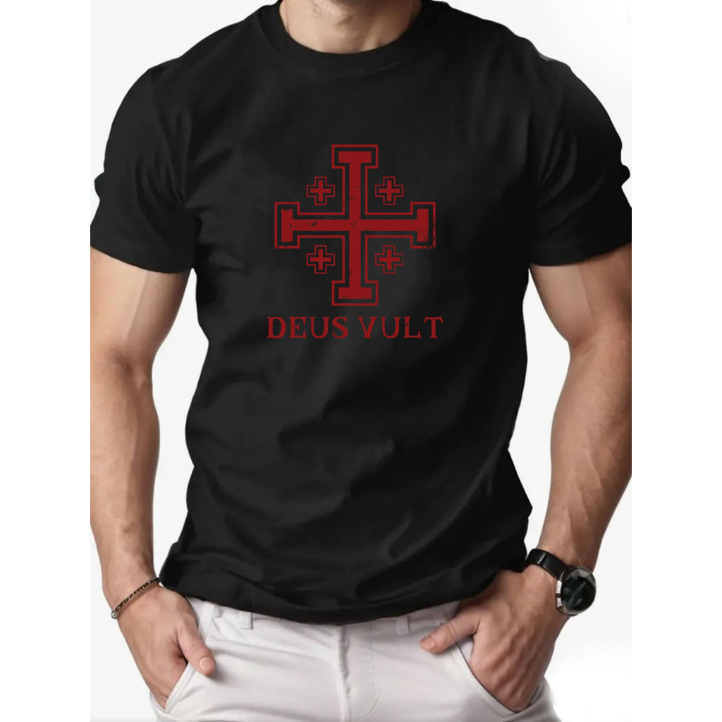 Camiseta 2026 T-shirt Deus Vult Latin Phrase God Wills It Cross Print Casual Summer Confortável Estilosa Retrô Verão