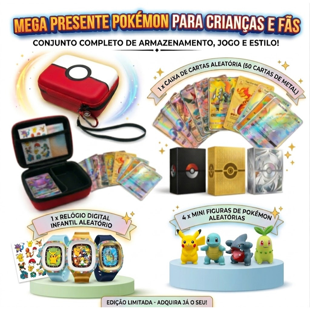 Mega Kit Pokémon: Estojo Premium + 50 Cartas de Metal + Relógio + 4 Mini Figuras Surpresa