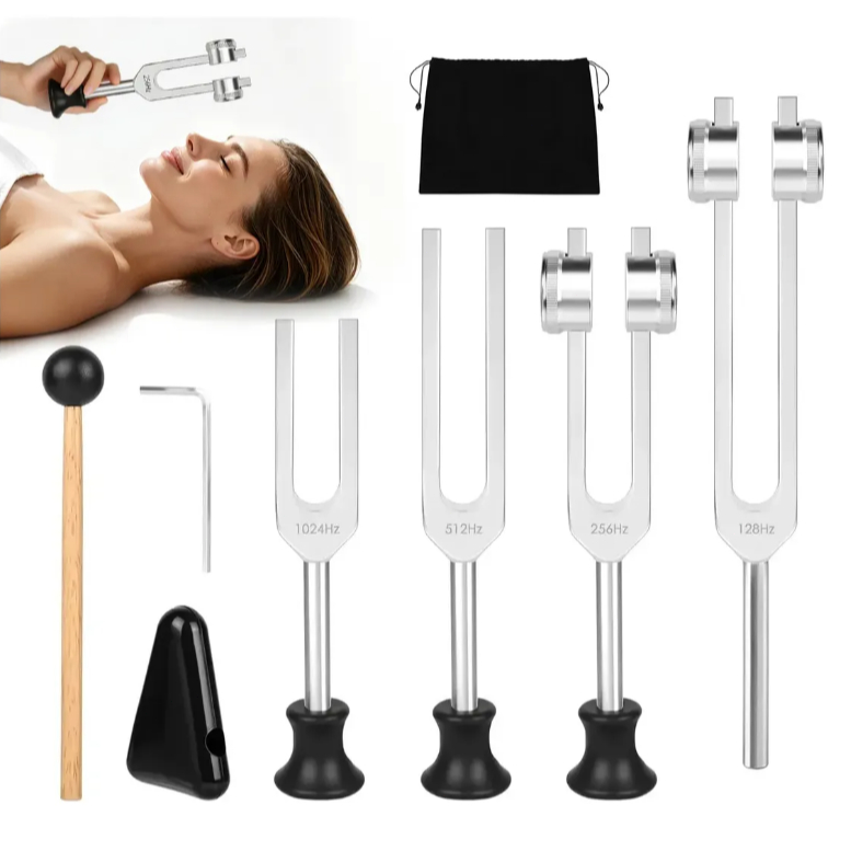 4-Pack Tuning Fork Set (128Hz、256Hz、512Hz、1024Hz), for Chakra Healing, Sound Therapy, Stress Relief