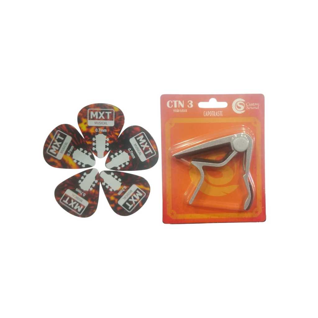 Capotraste Violão Aço Ou Nylon Custom Sound Prata + 5 Palhetas MXT