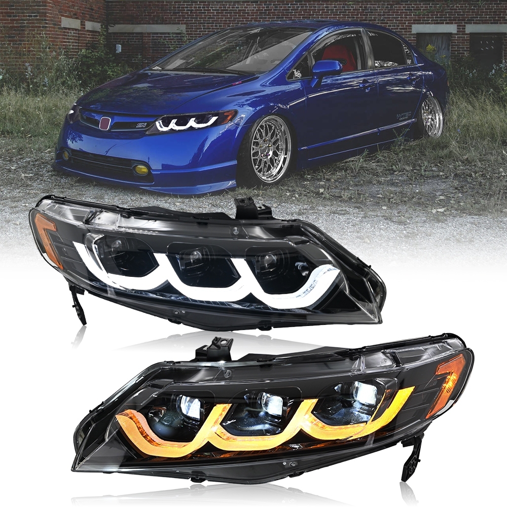 LED Headlight for Honda Civic 8th Gen，2006 to 2011 Front full LED three beam lens daytime running light Plug and play
