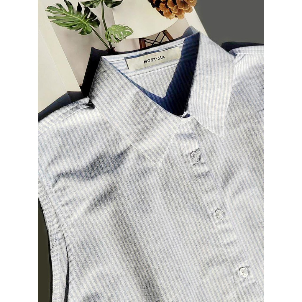 Feng Gaoqiuyue Daytime Youth Branco Listrado Juventude Sem Mangas Colete Em Camadas Camisa de Fundo Moda Camisa Gola Fal