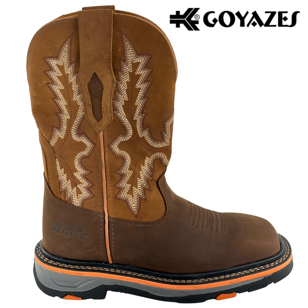 Bota Texana Masculino Goyazes Bico Quadrado Work Waterproof Nobuck Oil Café Terra Friso Laranja -267402-CHK-07