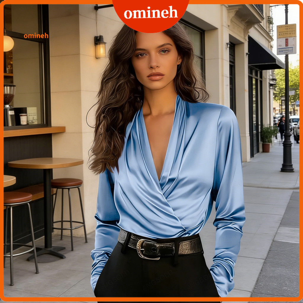 Women Satin Shirt Tops Women’s V-neck Blouse Long Sleeve Pleated Smooth Top Pure Color Office Workwear Spring Summer C