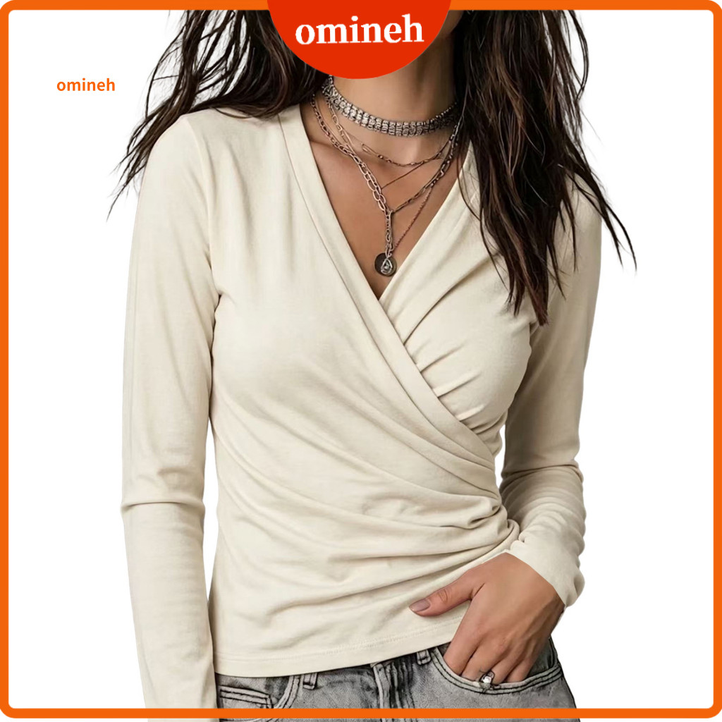 Solid Color Blouse Lightweight Pullover Shirts Women’s V-neck Long Sleeve Slim Fit Pleated Shirt Fall Top for Office a