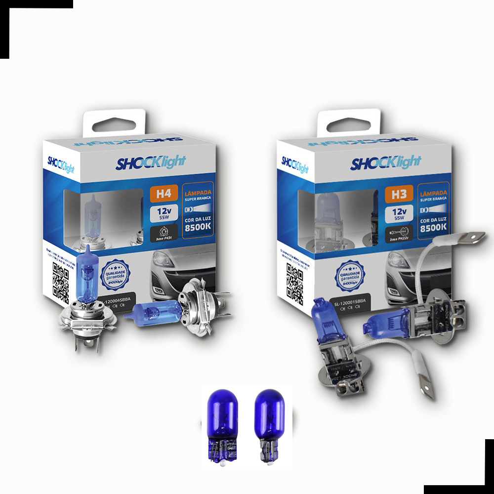 Kit Lâmpadas super brancas Par H4 + Par H3 + Par w5w 8500k (Farol + Milhas + lanterna)