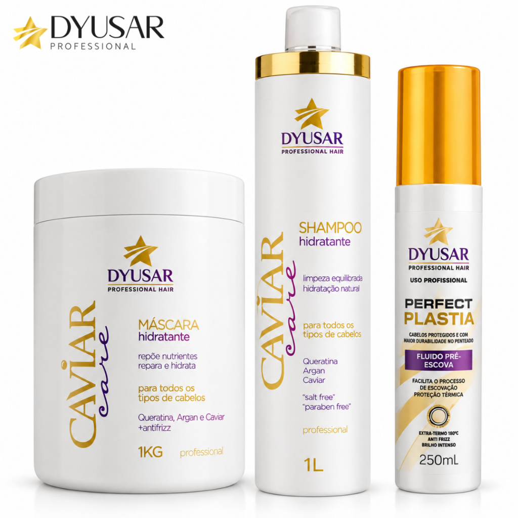 Kit Caviar Care DYUSAR Shampoo + Máscara 1L + Fluído Pré Escova 250ml Hidratação Profissional