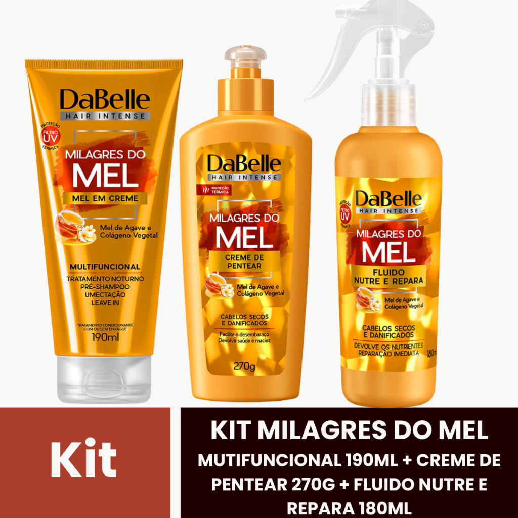 KIT DaBelle Hair Milagres do Mel Fluido Nutre e Repara 180mL + Creme de Pentear 270g + Multfuncional 190mL